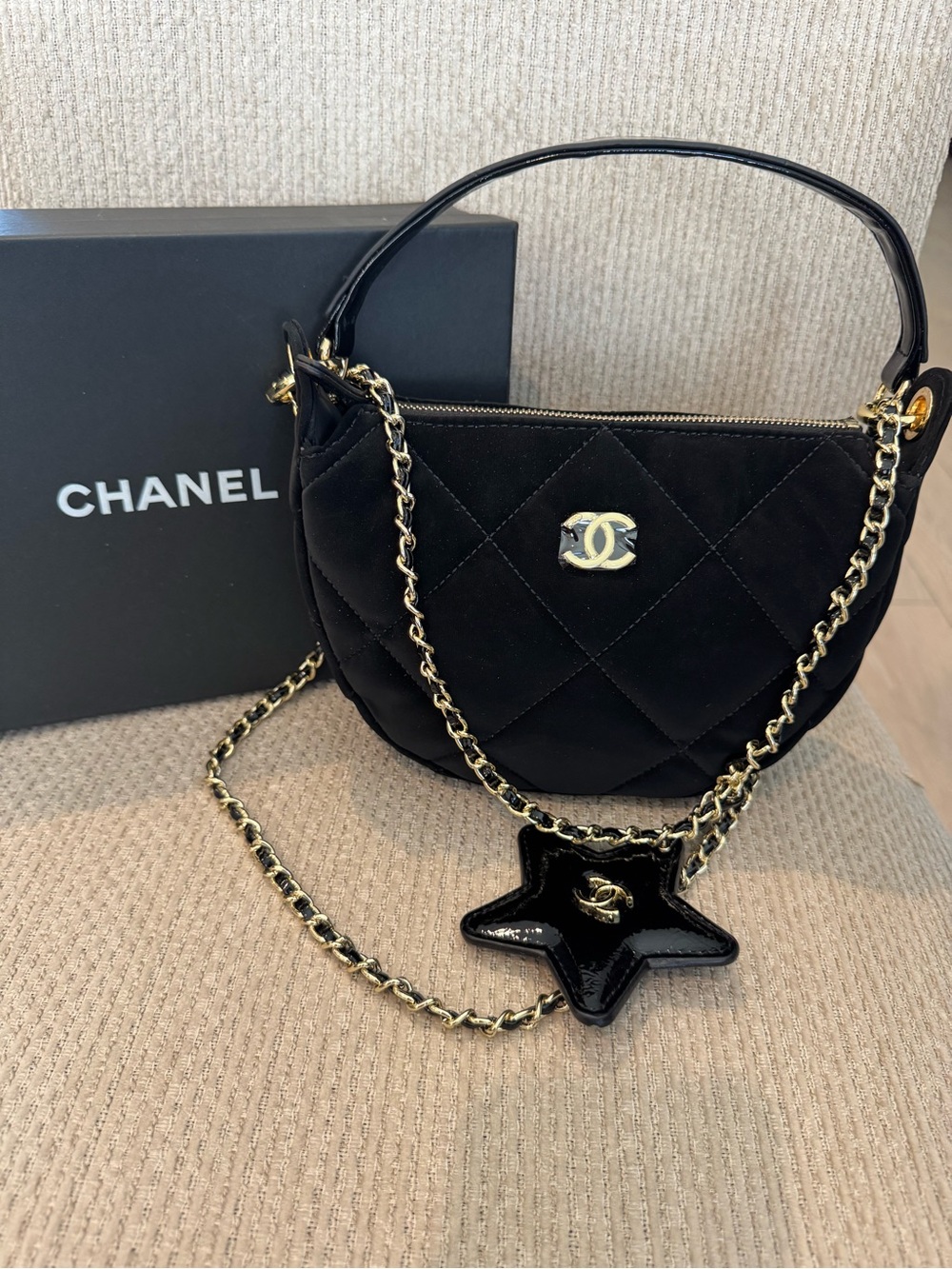 Black Quilted Crescent 2 in 1 bag with Gold Chain and star mirror